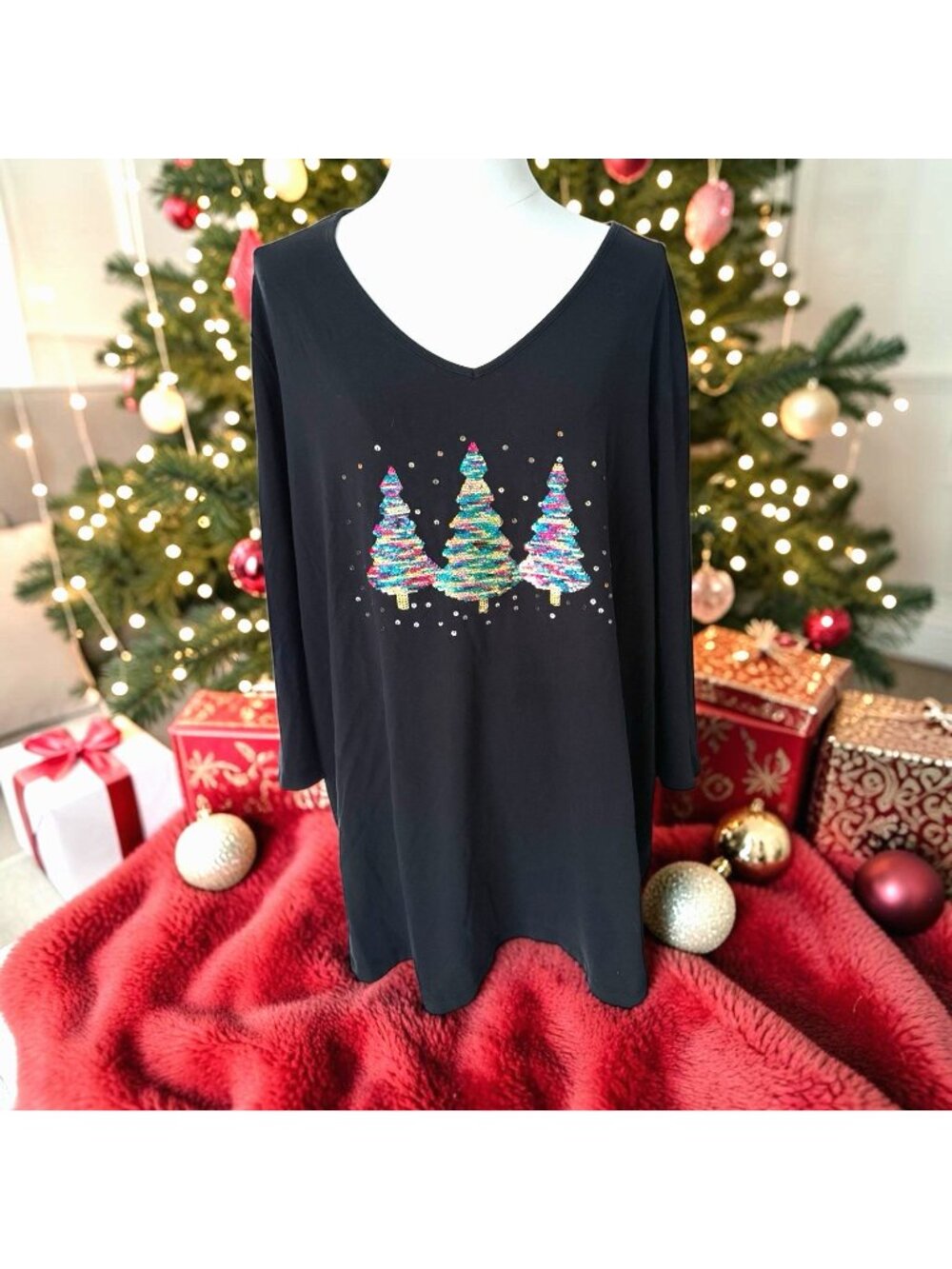 Catherines Black With Sparkling Multicolor Sequin Christmas Trees Top-Size 3X
